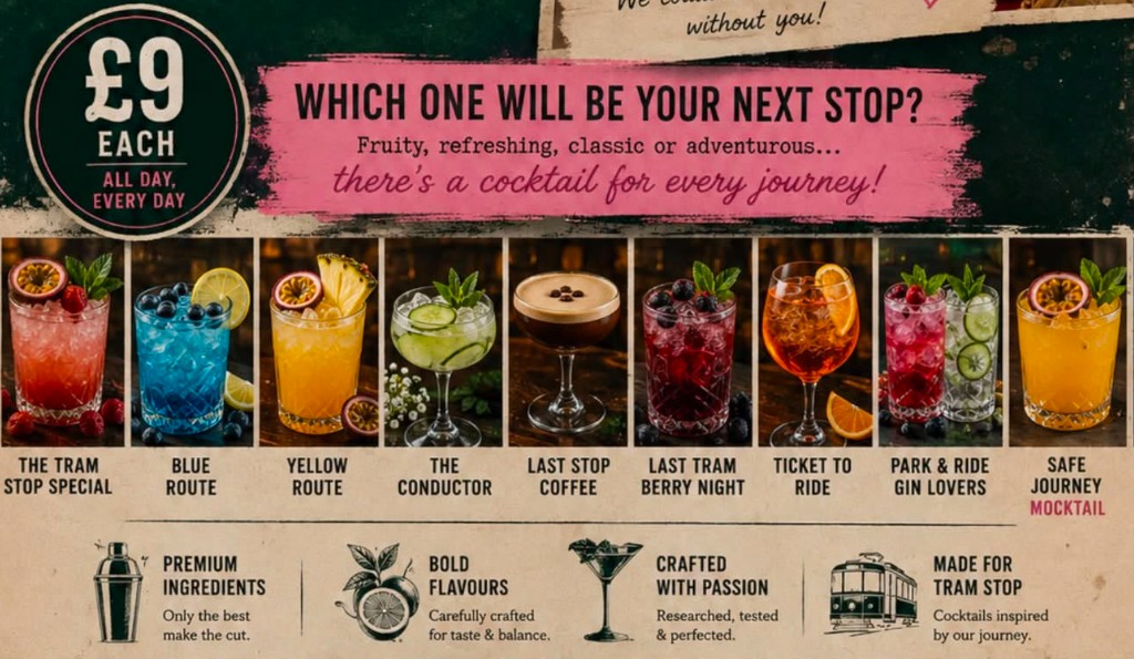 Tram Stop signature cocktail menu poster